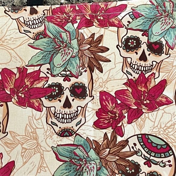 Sugar Skulls Floral Goth Painted Fabric Tote Casual Everyday Tote - Picture 3 of 5